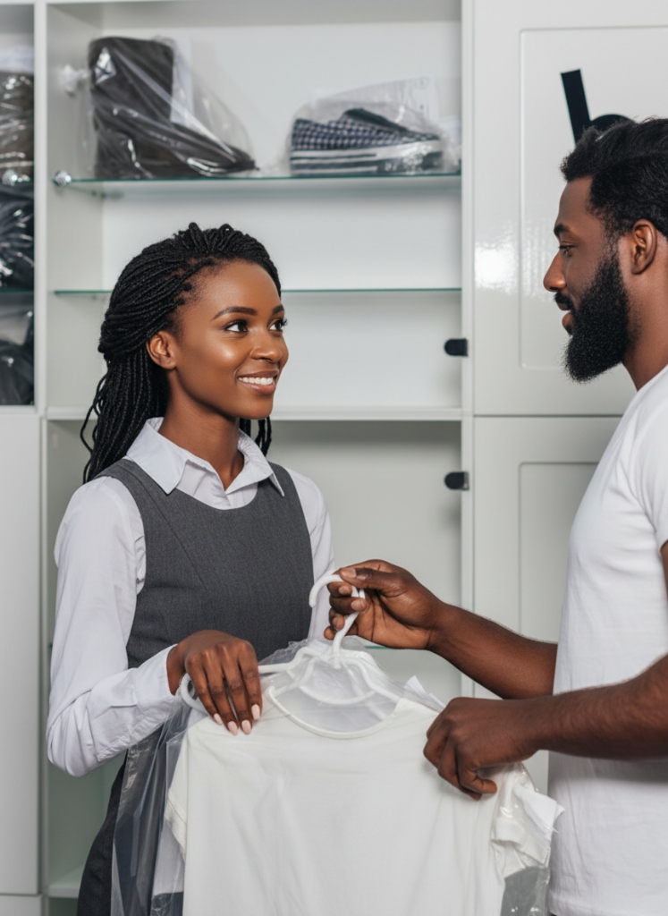 My Laundry Bucket staff handing clean garment to customer